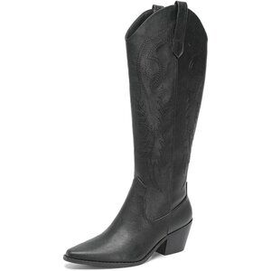 🆕Amoji Womens Black pu knee High Western Cowboy Pull Pointed Toe Cowgirl Boots
